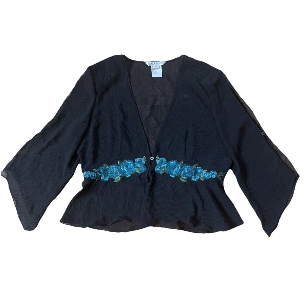 Plaza South Womens‎ Black Sheer Floral Embroidered Open Front Blouse Top Size 16